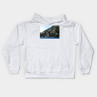 Panorama in Amalfi coast with a mountain scattered with buildings and a huge cavern in the middle Kids Hoodie